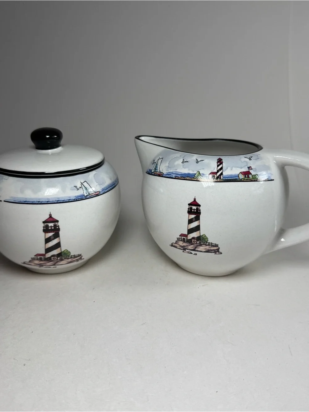 Totally Today Coastal Lighthouse Cream And Sugar Stoneware Pieces 4